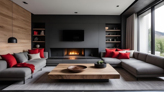 Premium Photo | A living room with a fireplace and a tv on the wall