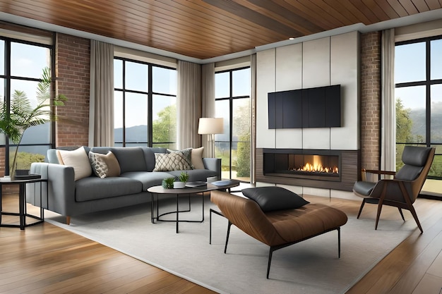 Premium Photo | A living room with a fireplace and a tv.