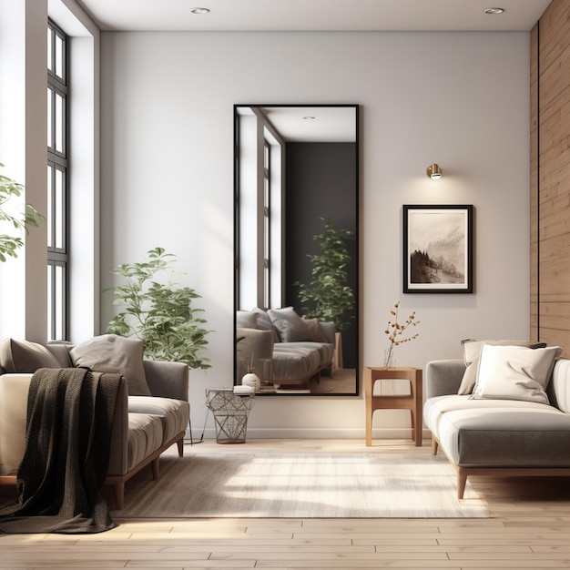 Premium AI Image | A living room with a large mirror and a plant on the ...