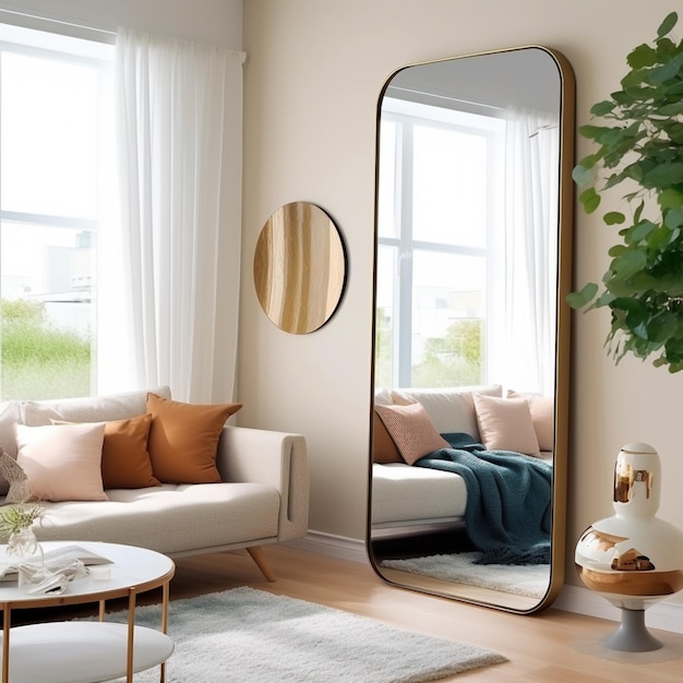 Premium AI Image | A living room with a large mirror and a plant on the ...