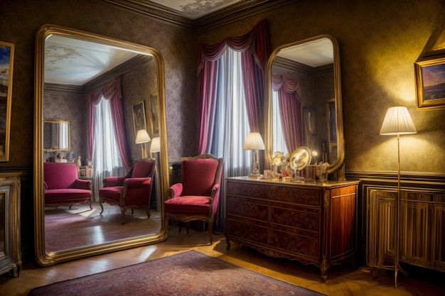 Premium AI Image | A Living Room With A Large Mirror On The Wall ...