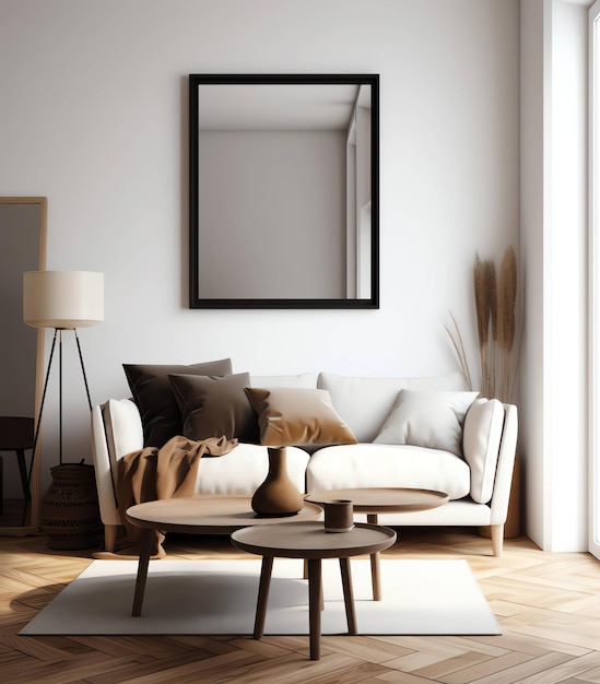 Premium Photo | A living room with a large mirror on the wall