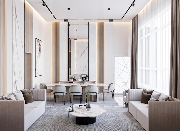Premium Photo | A living room with a large mirror on the wall