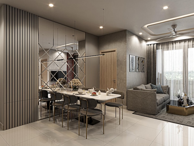 Premium Photo | A living room with a large mirror on the wall