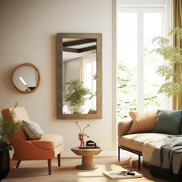 Premium Photo | A living room with a large mirror on the wall