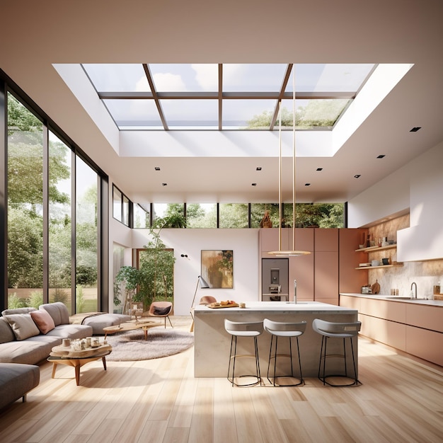Premium AI Image | A living room with a large skylight
