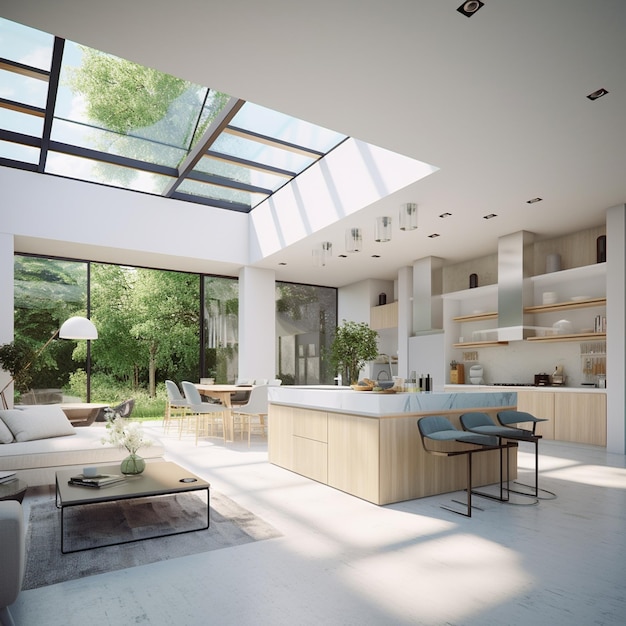 Premium AI Image | A living room with a large skylight