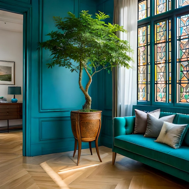 Premium AI Image | A living room with a large tree in the corner