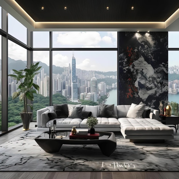 Premium AI Image | a living room with large windows and a large couch
