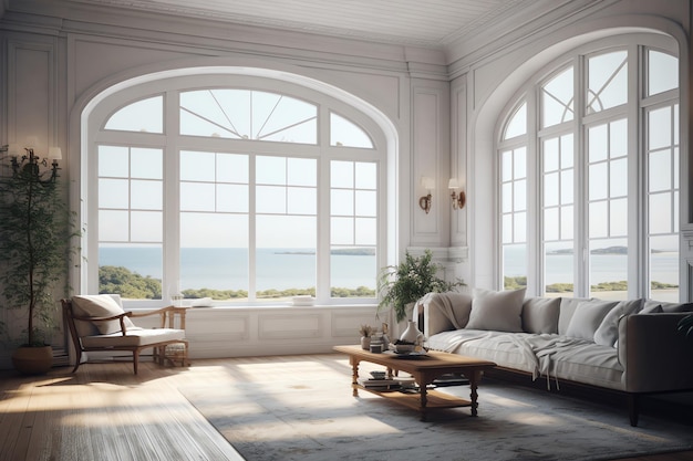 Premium AI Image | A living room with large windows and a large window ...