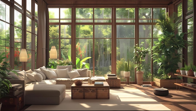 Living room with large windows and windows | Premium AI-generated image