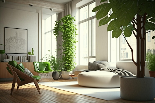 Premium AI Image | A living room with a plant in the corner