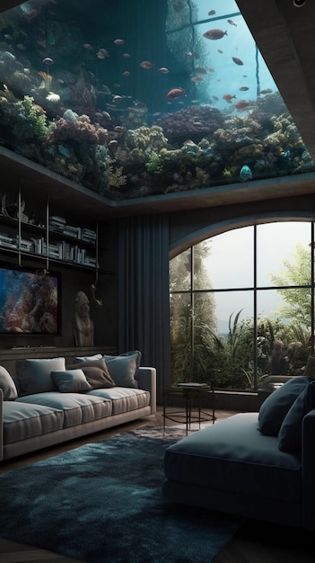 Premium Photo | A living room with a skylight and a couch and a table ...