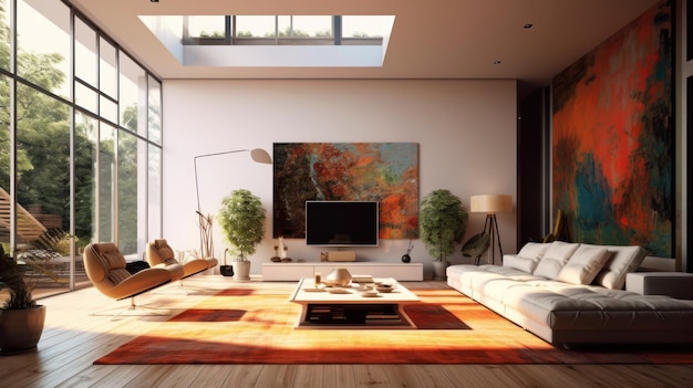 Premium AI Image | A living room with a skylight and a couch.