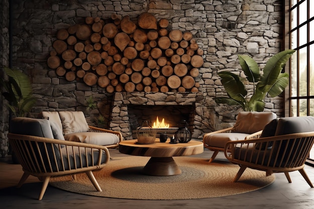 Premium AI Image | A living room with a stone wall and a fireplace with ...