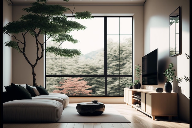Premium AI Image | A living room with a tree in the corner