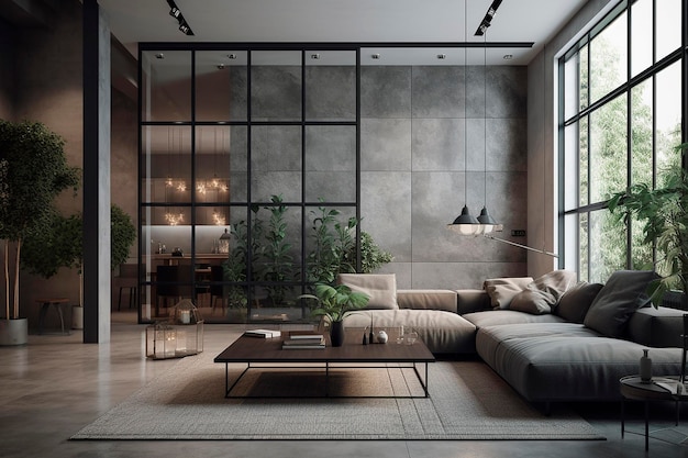 Premium AI Image | A living room with a tree in the corner