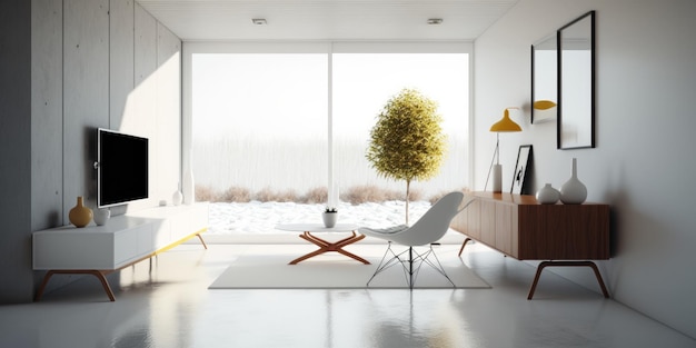 Premium AI Image | A living room with a tree in the corner