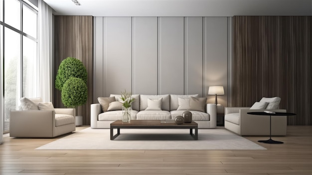 Premium AI Image | A living room with a tree in the corner
