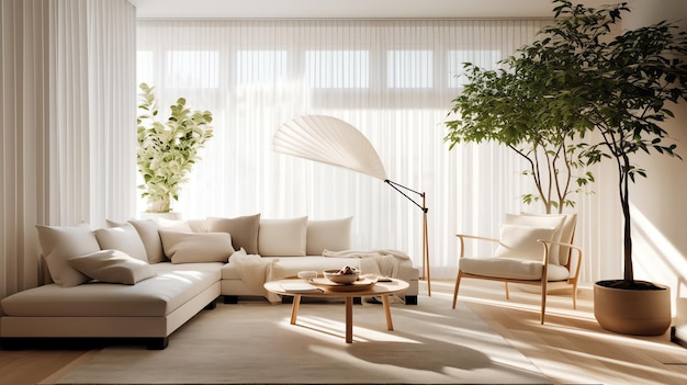 Premium AI Image | A living room with a tree in the corner