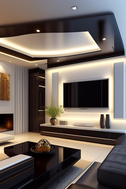 Premium AI Image | A living room with a tv above the fireplace and a ...