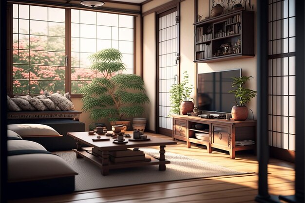 Premium AI Image | A living room with a tv and a tree in the corner.