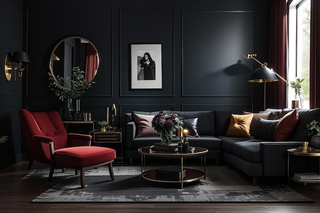 Premium AI Image | a mockup of a dark and moody living room with deep ...