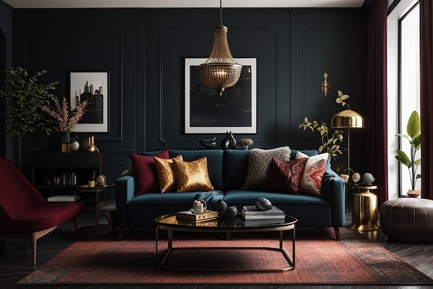 Premium AI Image | a mockup of a dark and moody living room with deep ...