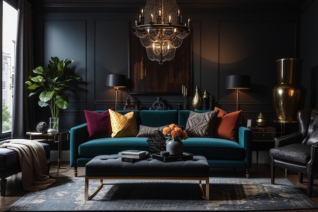 Premium AI Image | a mockup of a dark and moody living room with deep ...