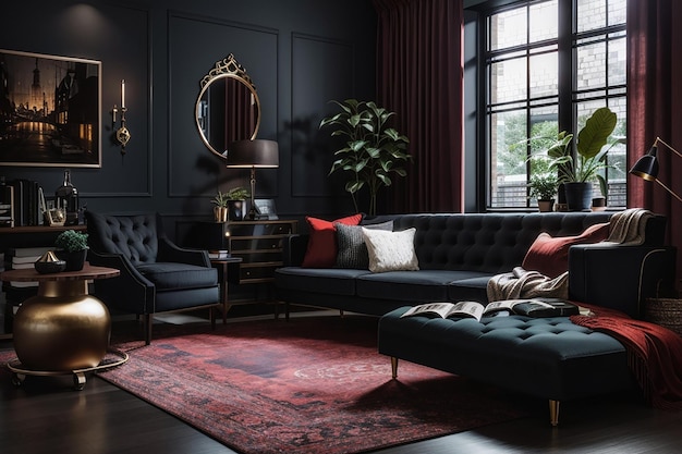 Premium AI Image | a mockup of a dark and moody living room with deep ...
