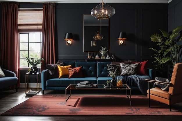 Premium AI Image | a mockup of a dark and moody living room with deep ...
