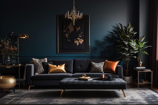 Premium AI Image | a mockup of a dark and moody living room with deep ...
