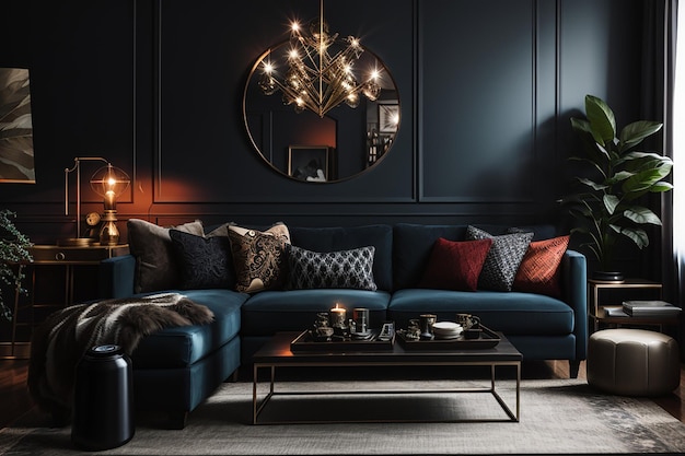 Premium AI Image | a mockup of a dark and moody living room with deep ...