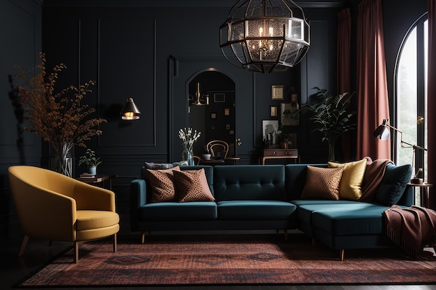 Premium AI Image | a mockup of a dark and moody living room with deep ...