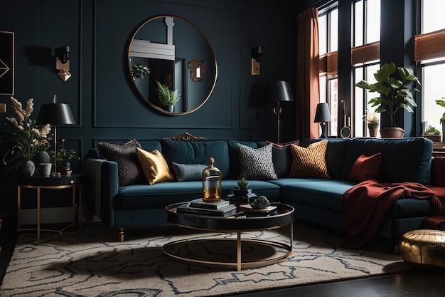 Premium AI Image | a mockup of a dark and moody living room with deep ...