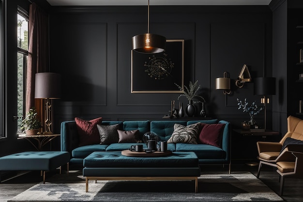 Premium AI Image | a mockup of a dark and moody living room with deep ...