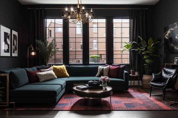 Premium AI Image | a mockup of a dark and moody living room with deep ...
