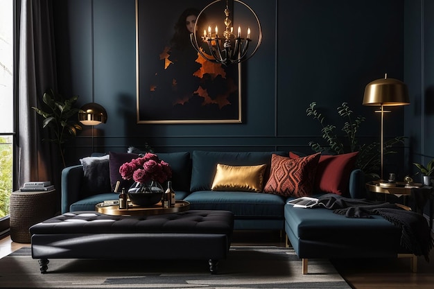Premium AI Image | a mockup of a dark and moody living room with deep ...