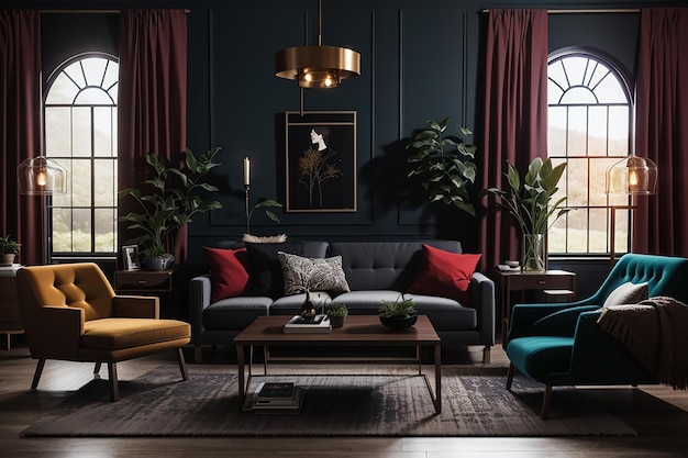 Premium AI Image | a mockup of a dark and moody living room with deep ...