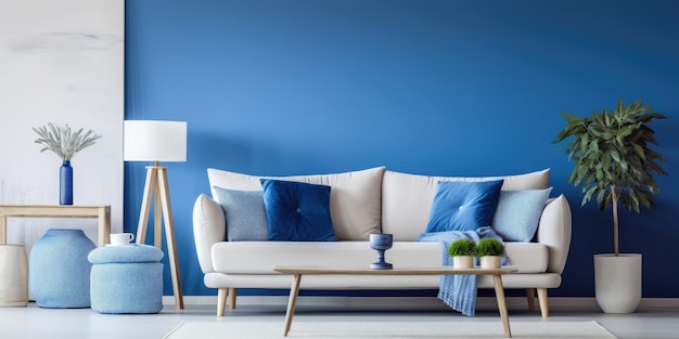 Premium Photo | Modern blue and white living room with seating