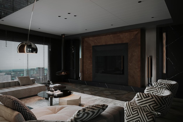 Premium Photo | Modern living room with black tones modular sofa and ...
