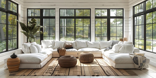 Modern Living Room with Large Windows | Premium AI-generated image