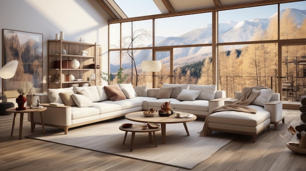 Premium Photo | A modern living room with a large windows