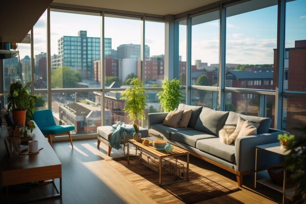 Premium Photo | A modern living room with a large windows