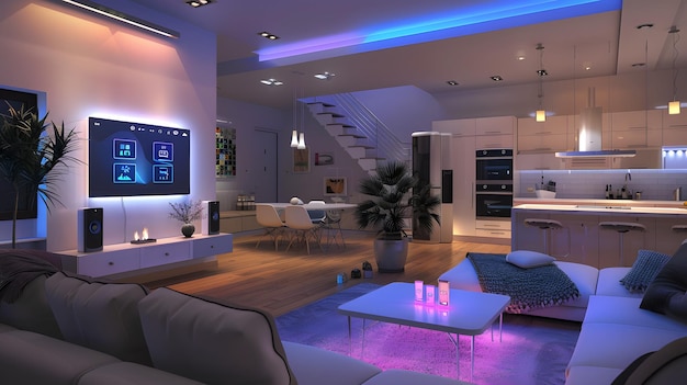 Modern living room with smart home technology and ambient lighting ...