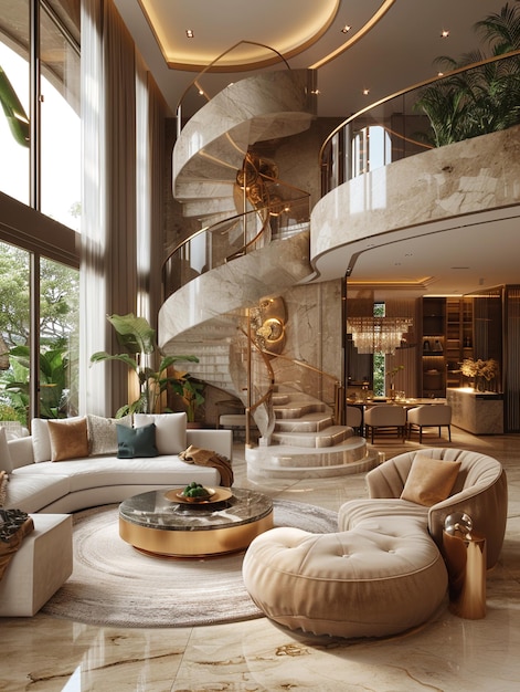 Modern luxury mansion interior design double height living room with ...