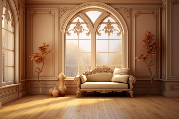 Premium Photo | Ornate living room with large arched windows and a sofa