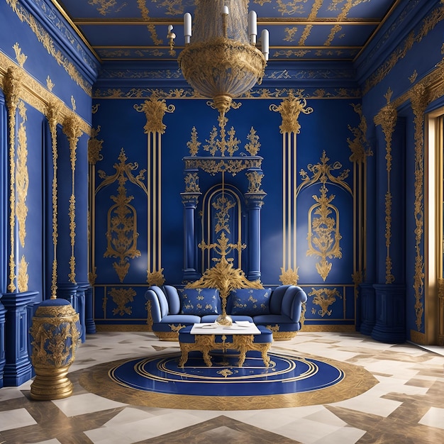 Premium AI Image | Photo of a luxurious blue and gold living room with ...