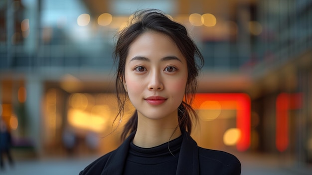 Premium Photo | Portrait of a young asian woman with a modern city backdrop
