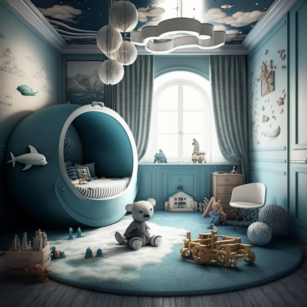 Premium AI Image | A room with a blue and white theme that says \